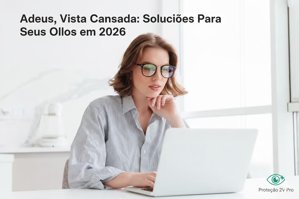 Mulher trabalhando no notebook sem sintomas de vista cansada computador usando o Óculos 2V Pro.