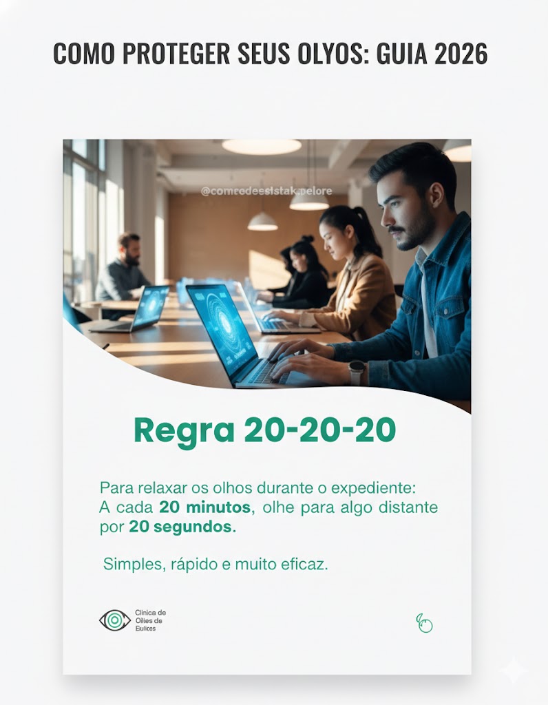 Pessoa realizando exercícios oculares ou aplicando a Regra 20-20-20 para aliviar sintomas de vista cansada computador.