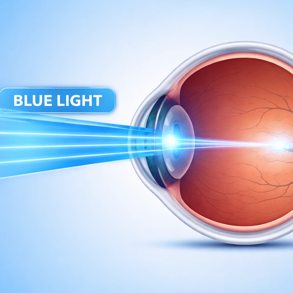 Representação visual da luz azul emitida por dispositivos causando sintomas de vista cansada computador.