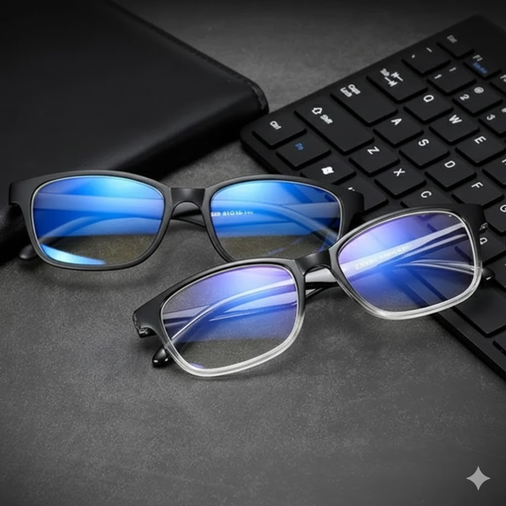 Óculos com design ergonômico e lentes com filtro de luz azul sobre teclado de computador