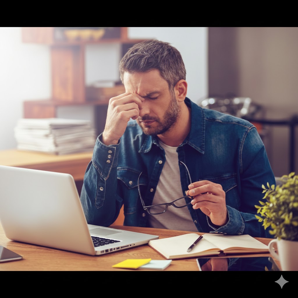 Homem sentindo dores de cabeça relacionadas ao trabalho no computador retirando os óculos