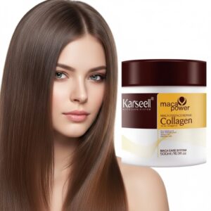 Modelo com cabelo castanho longo, extremamente liso e brilhante, ao lado do pote da Máscara Capilar Karseell Collagen de 500ml. A imagem destaca o resultado de alta performance em nutrição e selamento, ideal para quem busca manter o efeito da progressiva orgânica com brilho espelhado.